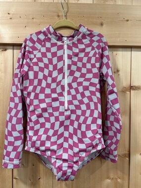 Hanna Andersson Pink Warped Checkerboard Long Sleeve Rash Guard Swimsuit